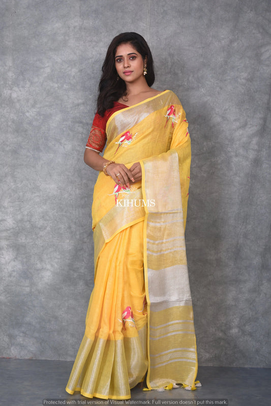 Yellow Handwoven Linen Saree with Embroidery Work | Silver Zari Border | KIHUMS Saree kihums clothing