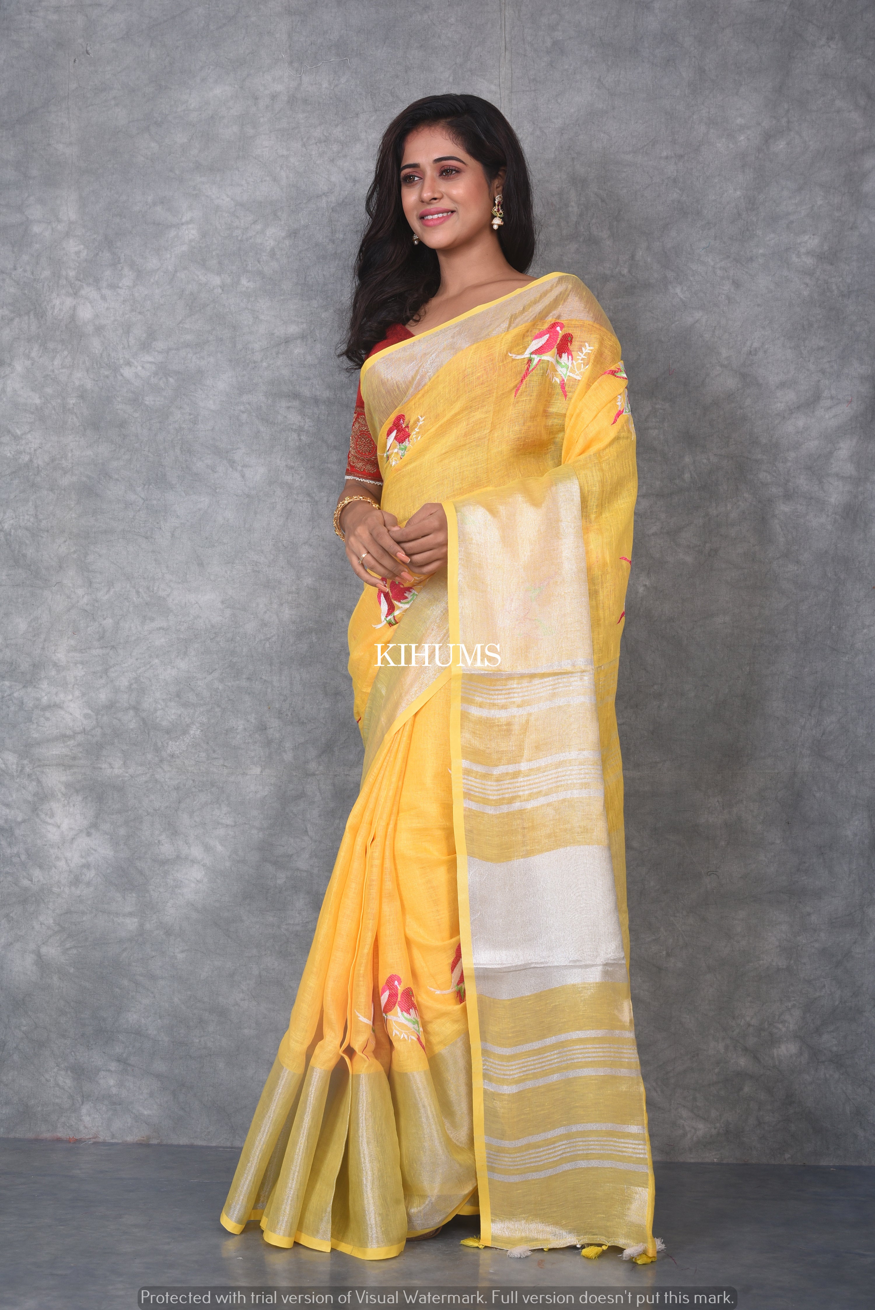 Banarasi Silk Organza Saree in Yellow with Ganga Jamuna Borders