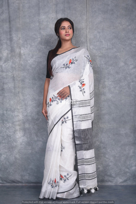 White Handwoven Linen Saree with Embroidery Work | Silver Zari Border | KIHUMS Saree kihums clothing