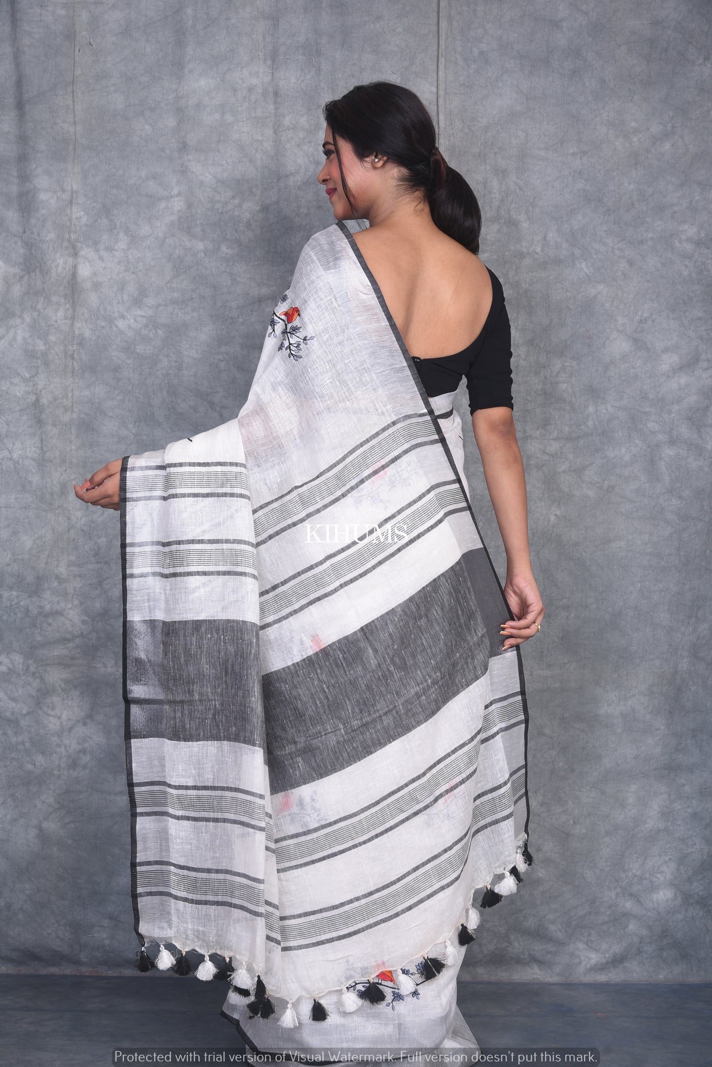 White Handwoven Linen Saree with Embroidery Work | Silver Zari Border | KIHUMS Saree