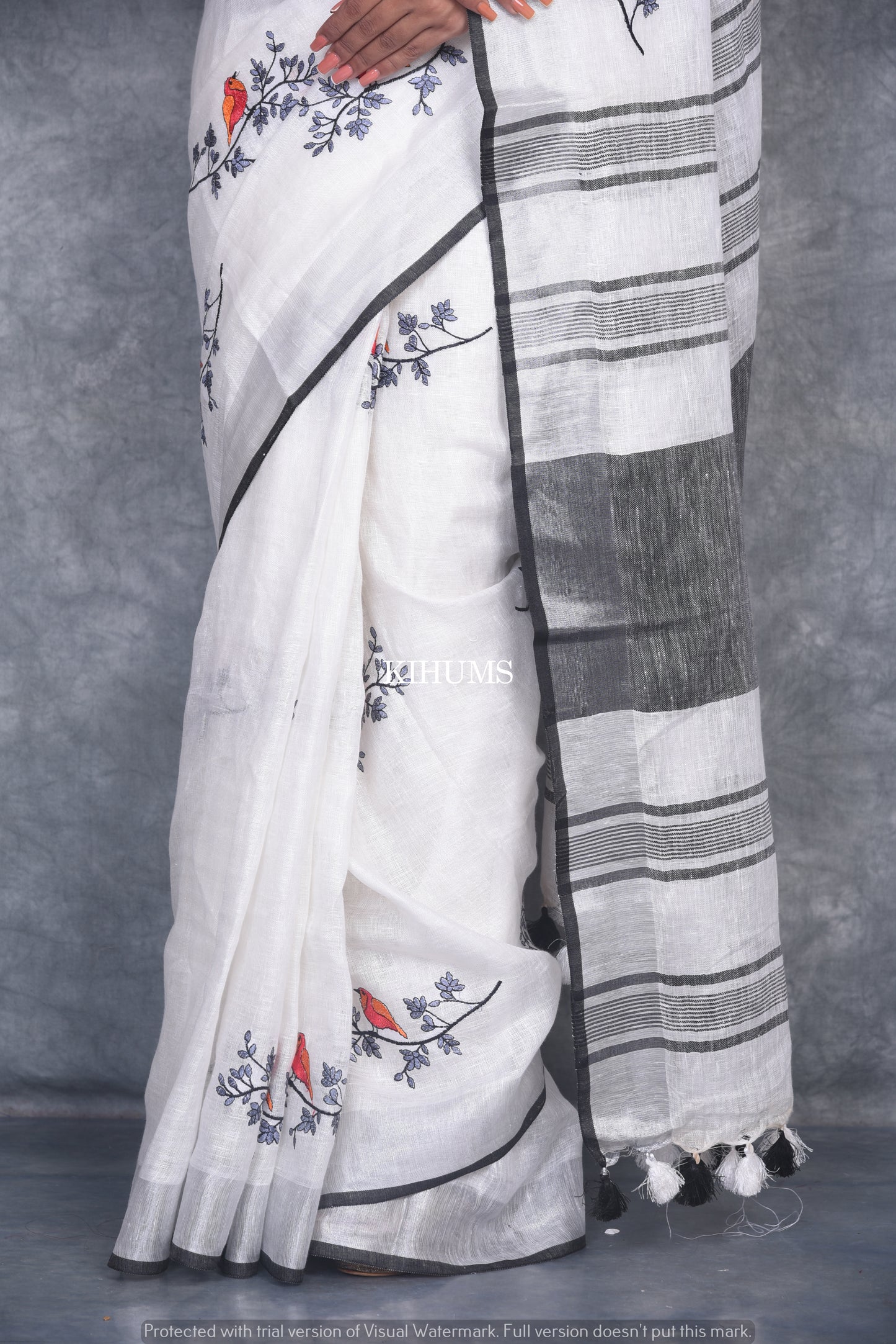 White Handwoven Linen Saree with Embroidery Work | Silver Zari Border | KIHUMS Saree