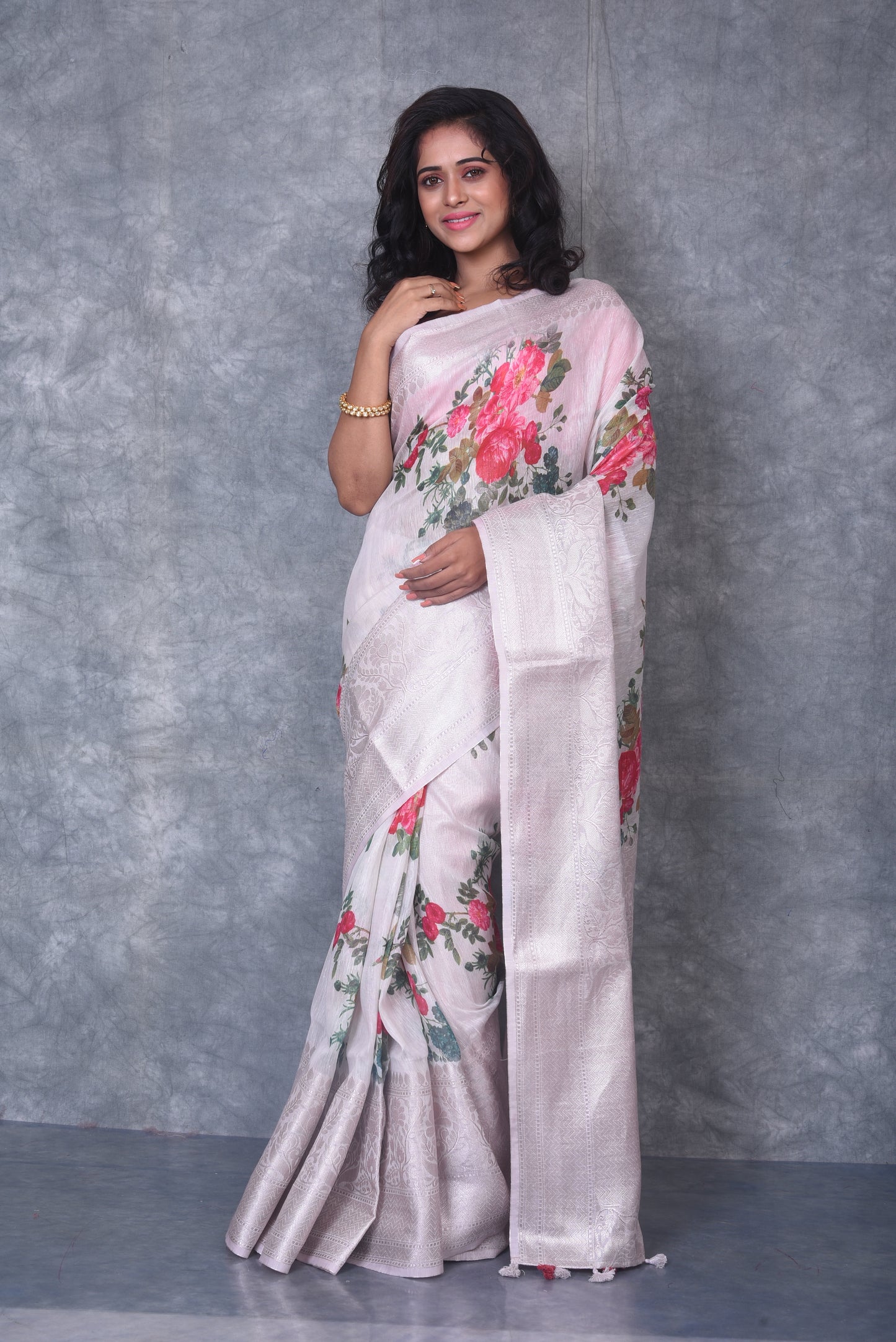 Floral Printed Banarasi Silk Linen Saree | Silver Woven Zari Border | KIHUMS Saree