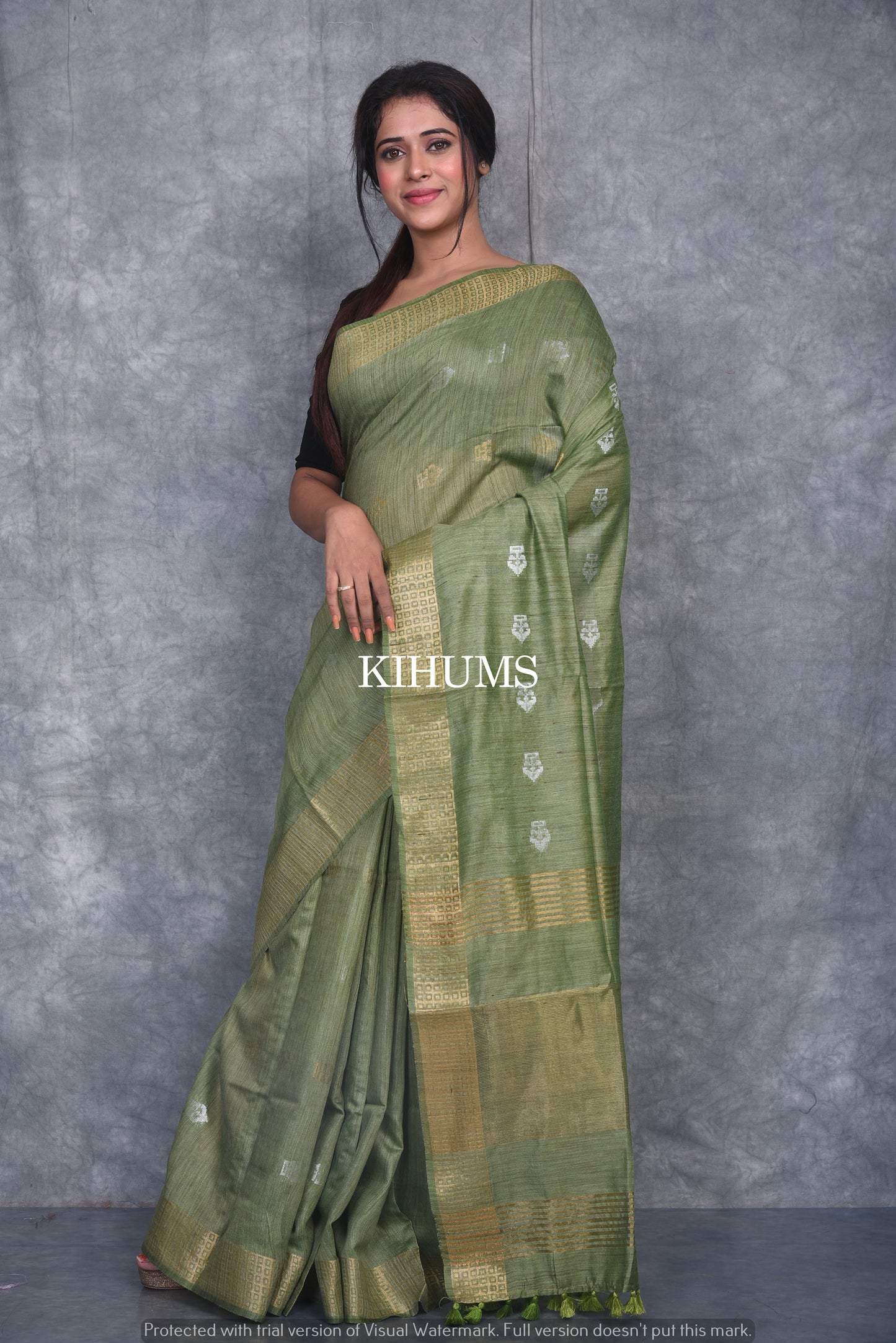 Henna Green Shade Handmade Baswada Silk Saree | Gold and Silver Zari Boota | KIHUMS Saree