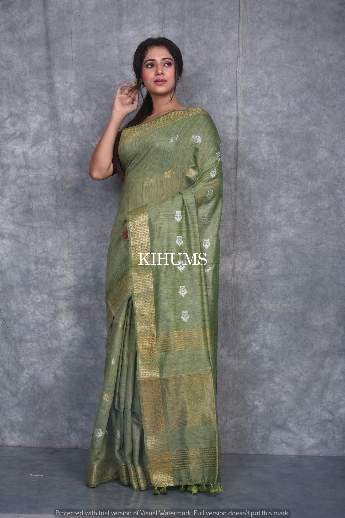 Henna Green Shade Handmade Baswada Silk Saree | Gold and Silver Zari Boota | KIHUMS Saree