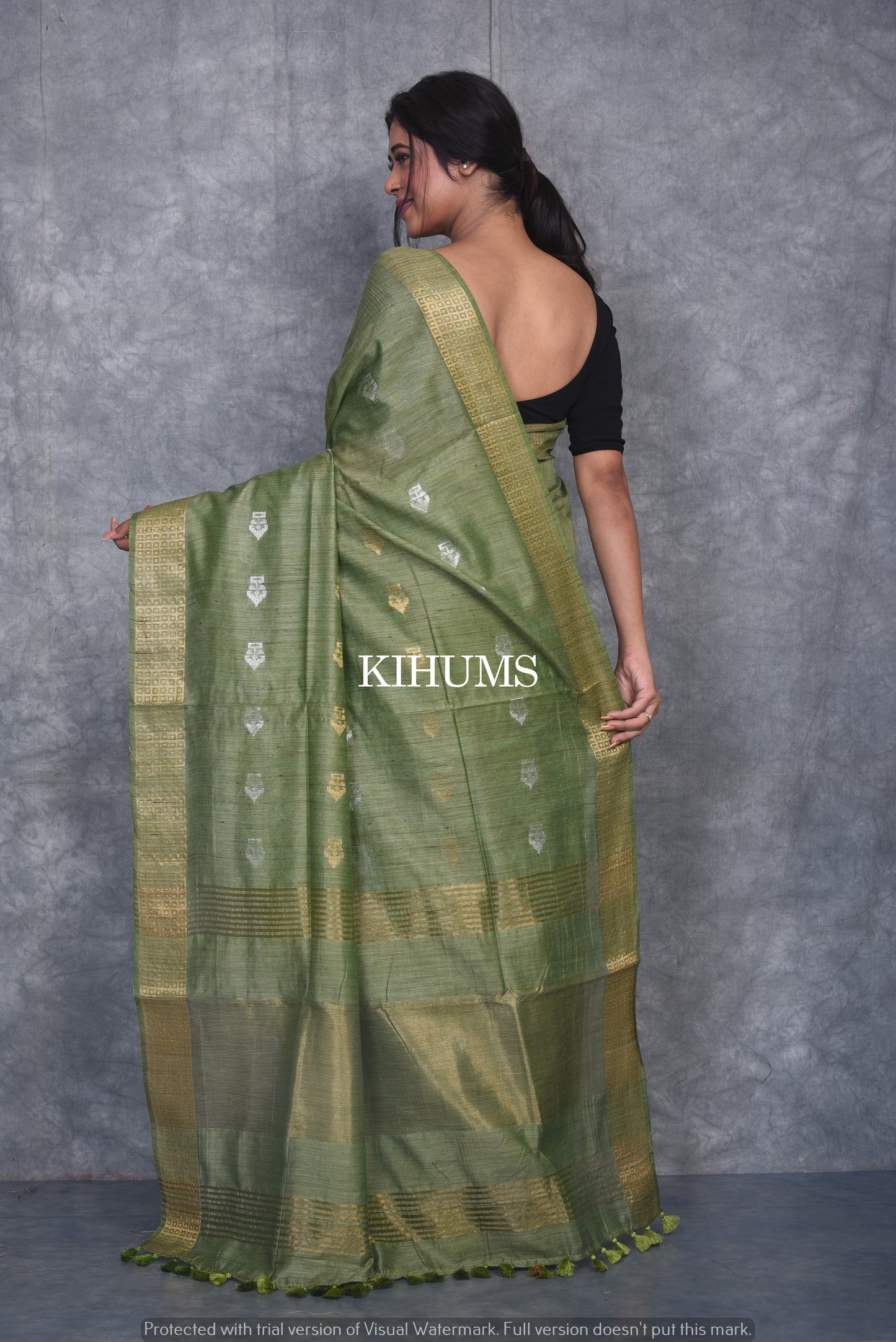 Henna Green Shade Handmade Baswada Silk Saree | Gold and Silver Zari Boota | KIHUMS Saree