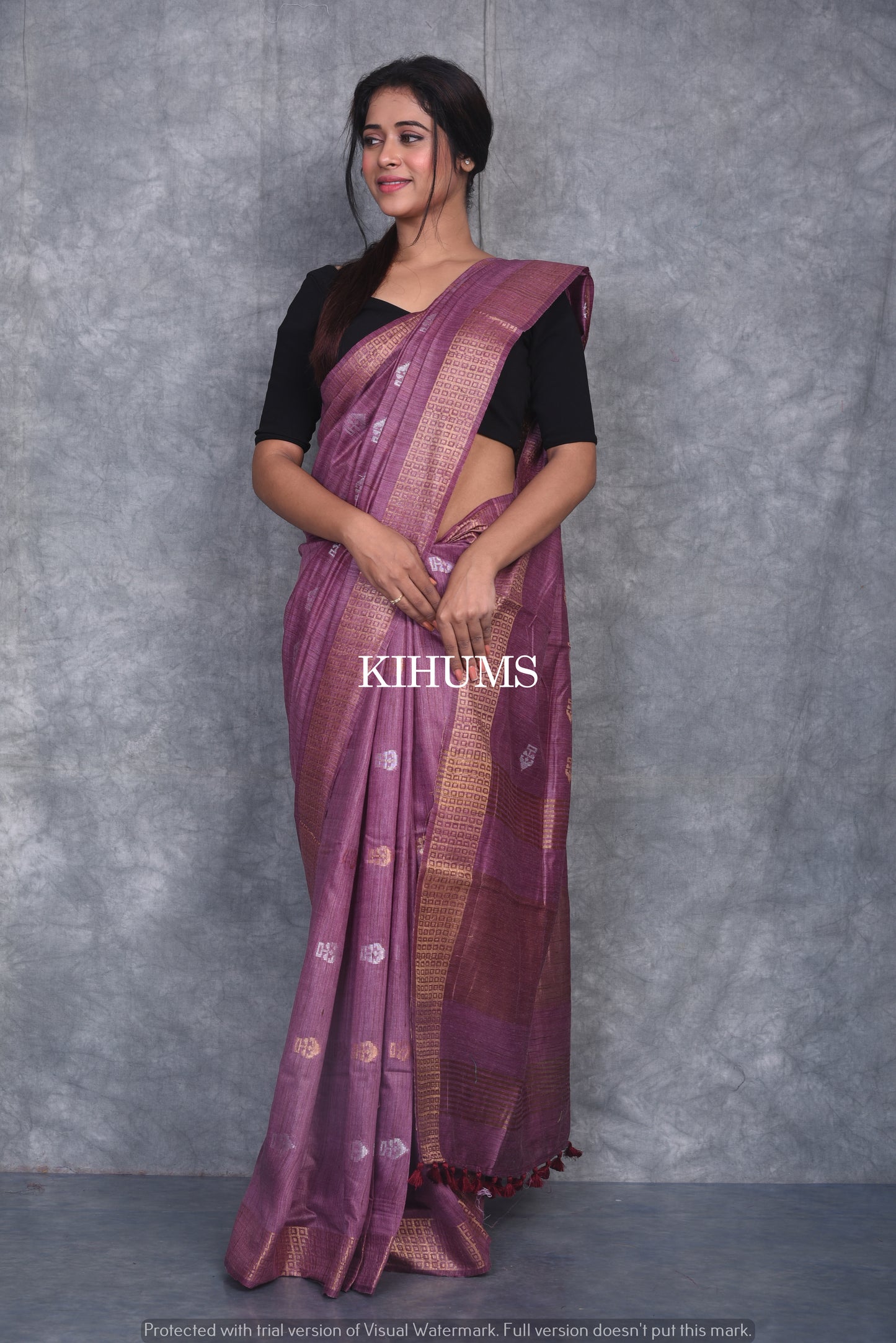 Purple Shade Handmade Baswada Silk Saree | Gold and Silver Zari Boota | KIHUMS Saree