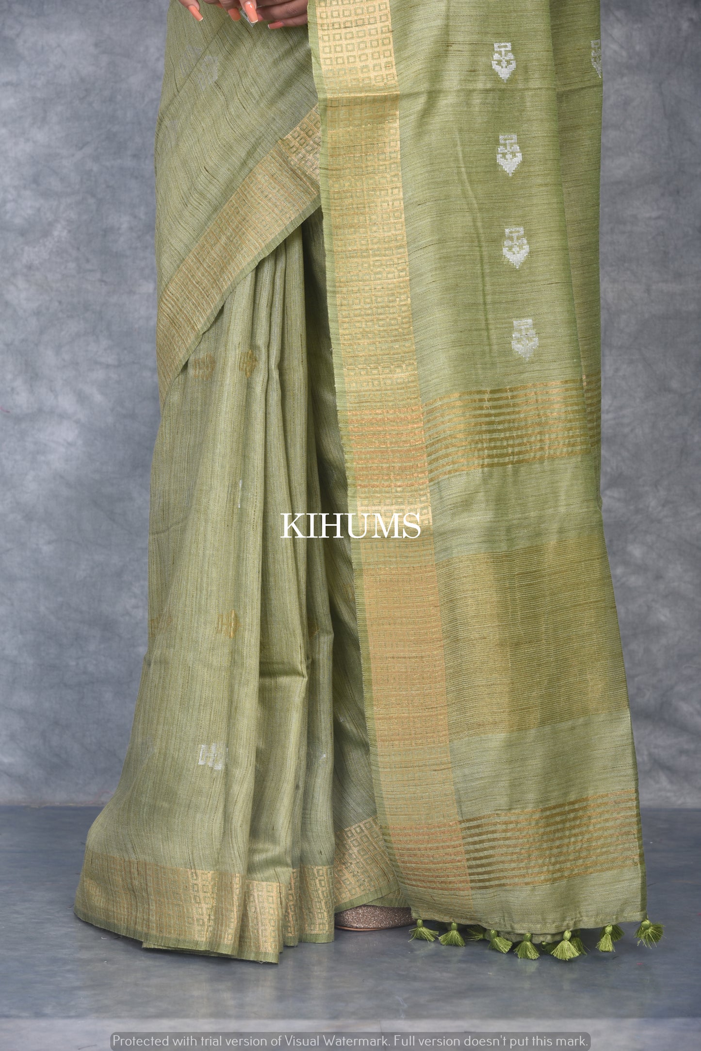 Olive Green Shade Handmade Baswada Silk Saree | Gold and Silver Zari Boota | KIHUMS Saree