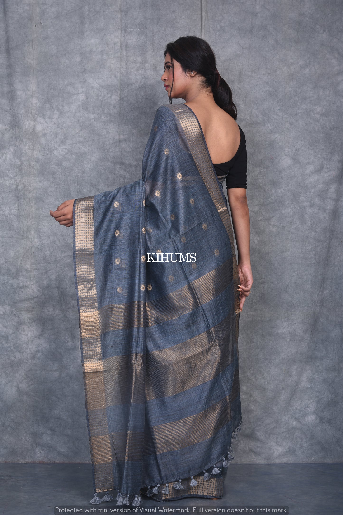 Grey Shade Handmade Baswada Silk Saree | Gold Zari Boota | KIHUMS Saree
