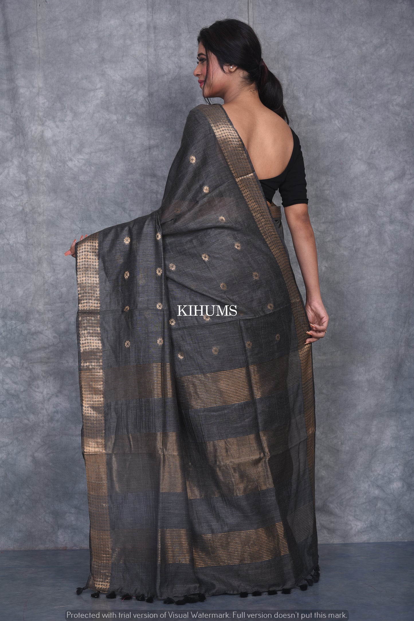 Black Shade Handmade Baswada Silk Saree | Gold Zari Boota | KIHUMS Saree
