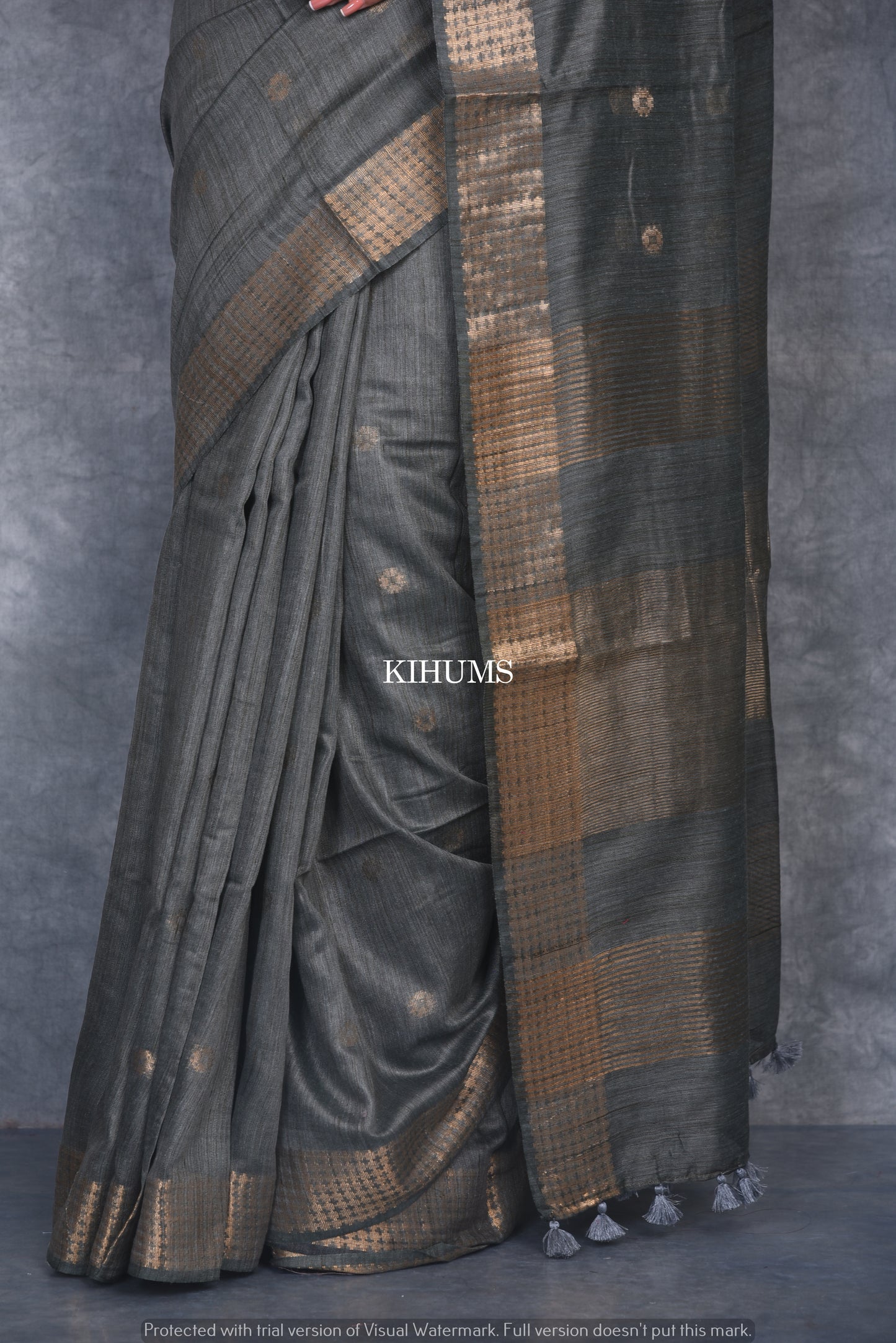 Greenish Grey Shade Handmade Baswada Silk Saree | Gold Zari Boota | KIHUMS Saree