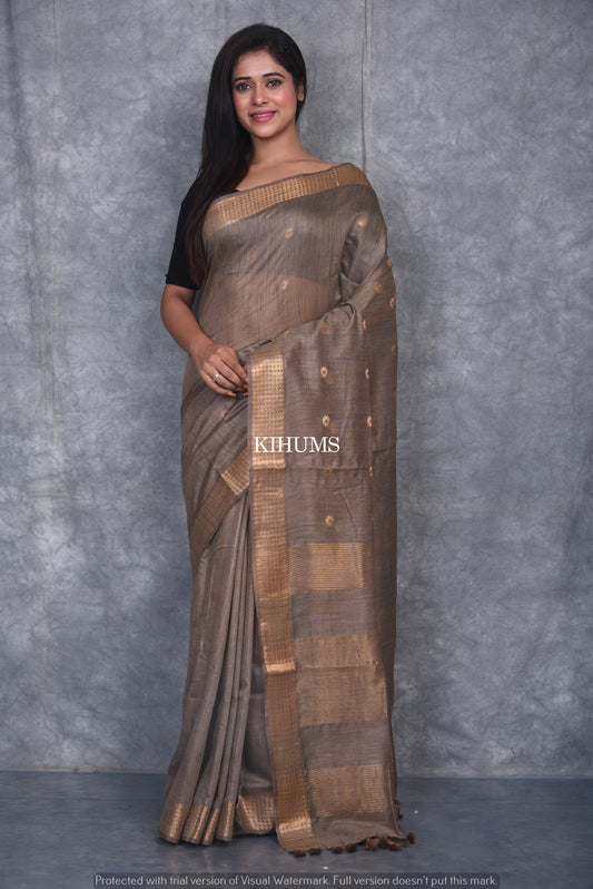 Dusty Brown Shade Handmade Baswada Silk Saree | Gold Zari Boota | KIHUMS Saree