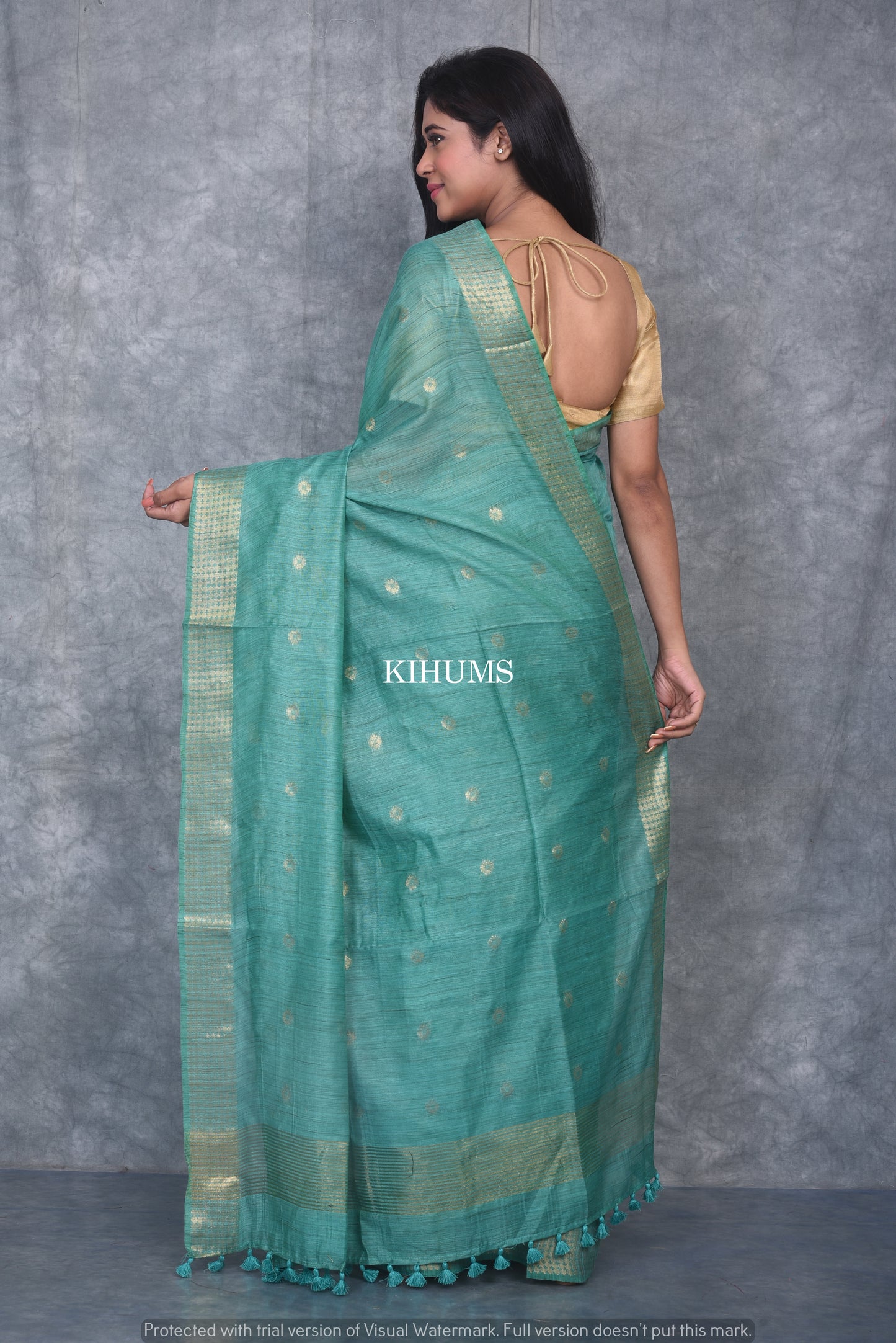 Green Shade Handmade Baswada Silk Saree | Gold Zari Boota | KIHUMS Saree