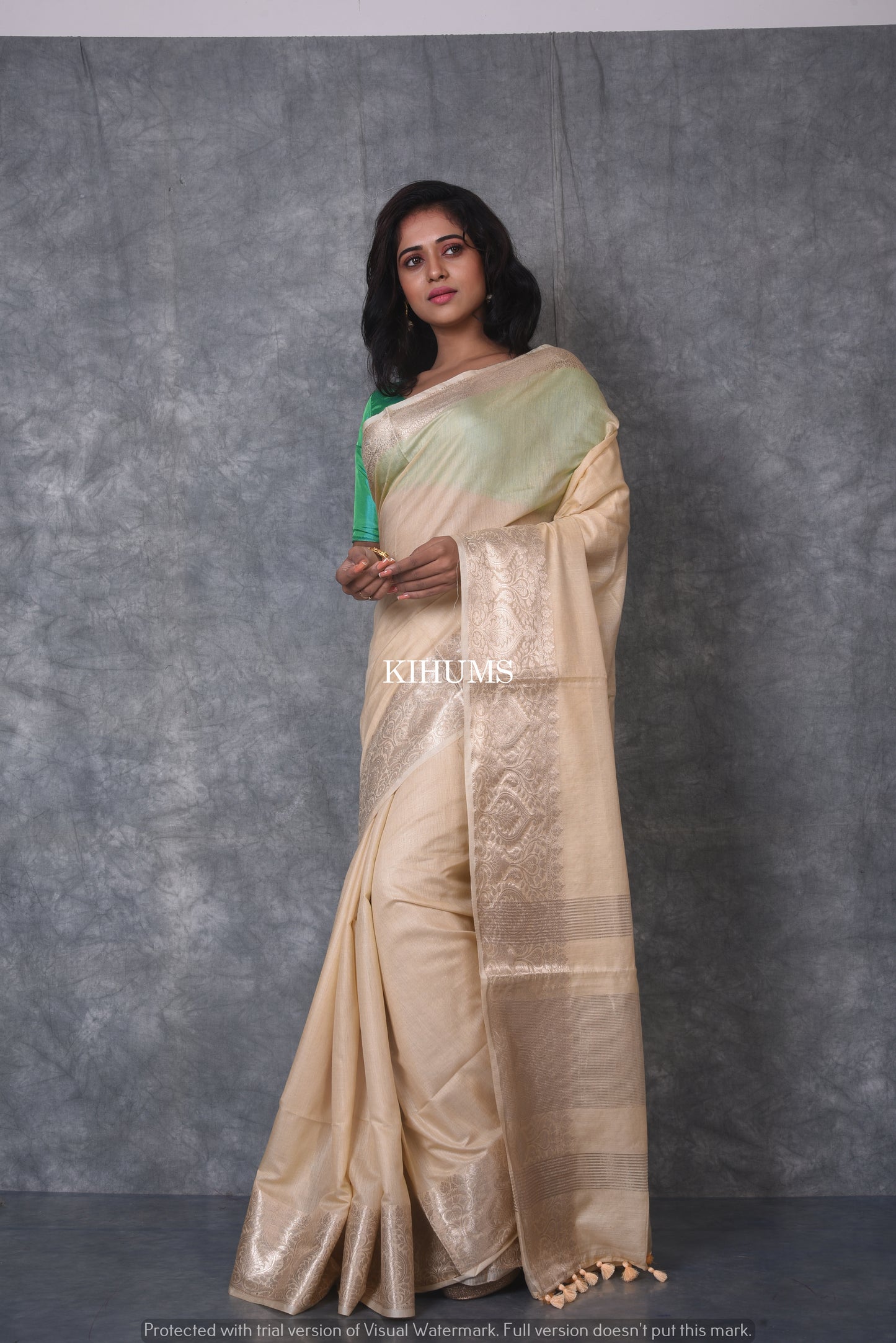 Creamish Shade Handmade Silk Viscose Saree | Gold Zari Boota | KIHUMS Saree