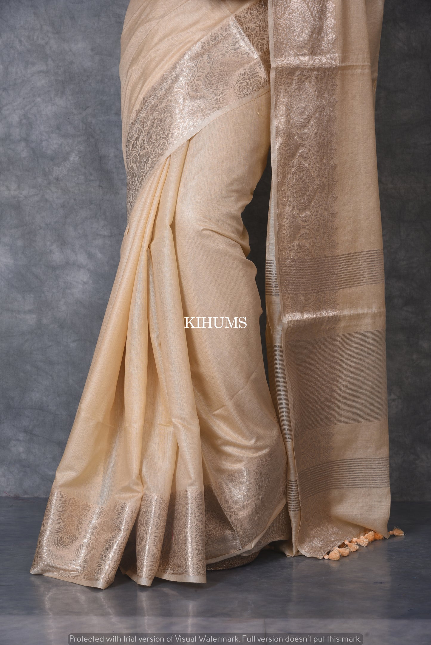 Creamish Shade Handmade Silk Viscose Saree | Gold Zari Boota | KIHUMS Saree