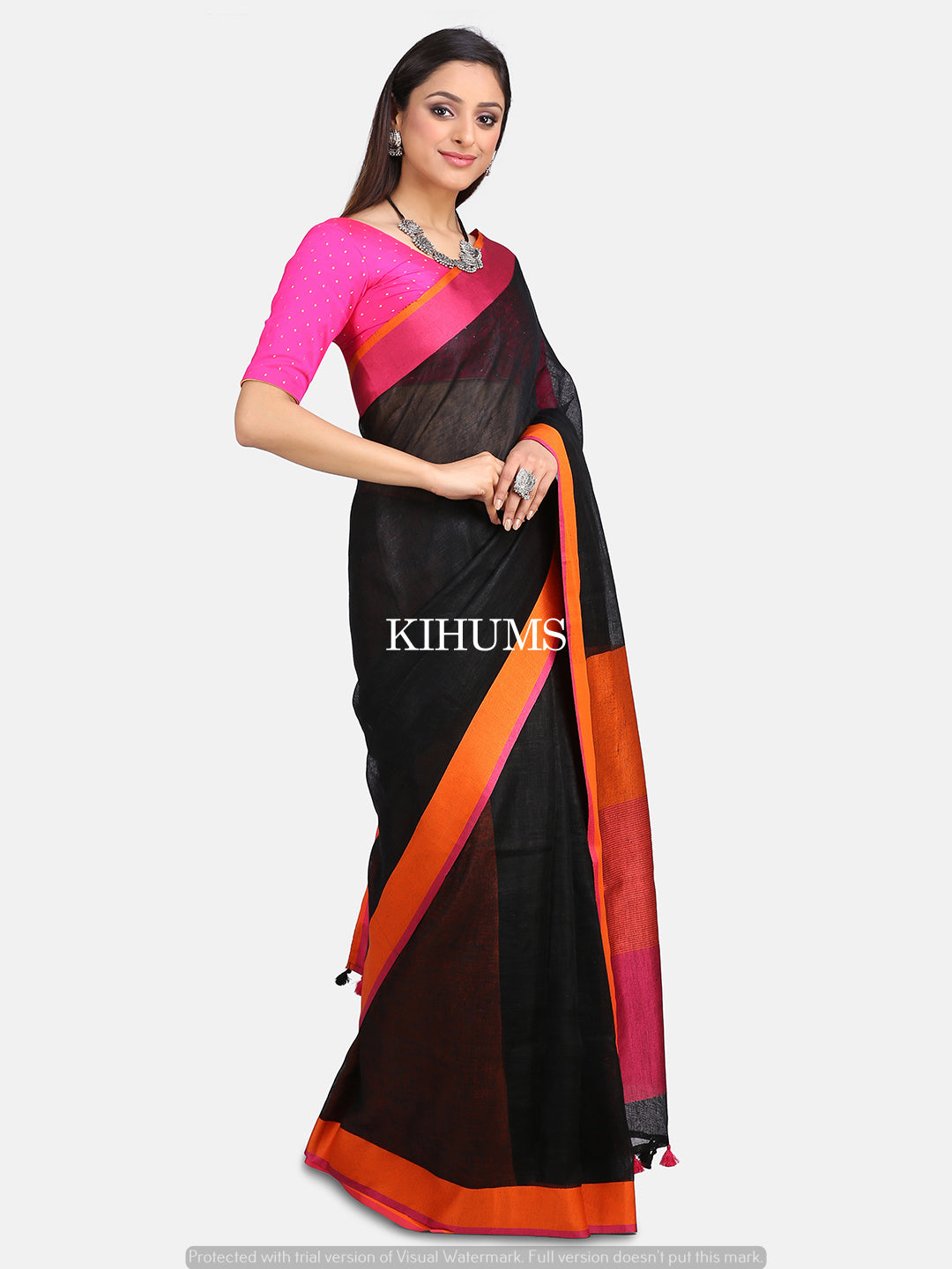 Black Handmade Pure Linen Saree | Contrast Colored Border | KIHUMS Saree