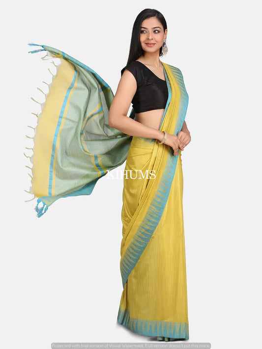 Mint Yellow Handmade Viscose Silk Saree | Temple Border | KIHUMS Saree