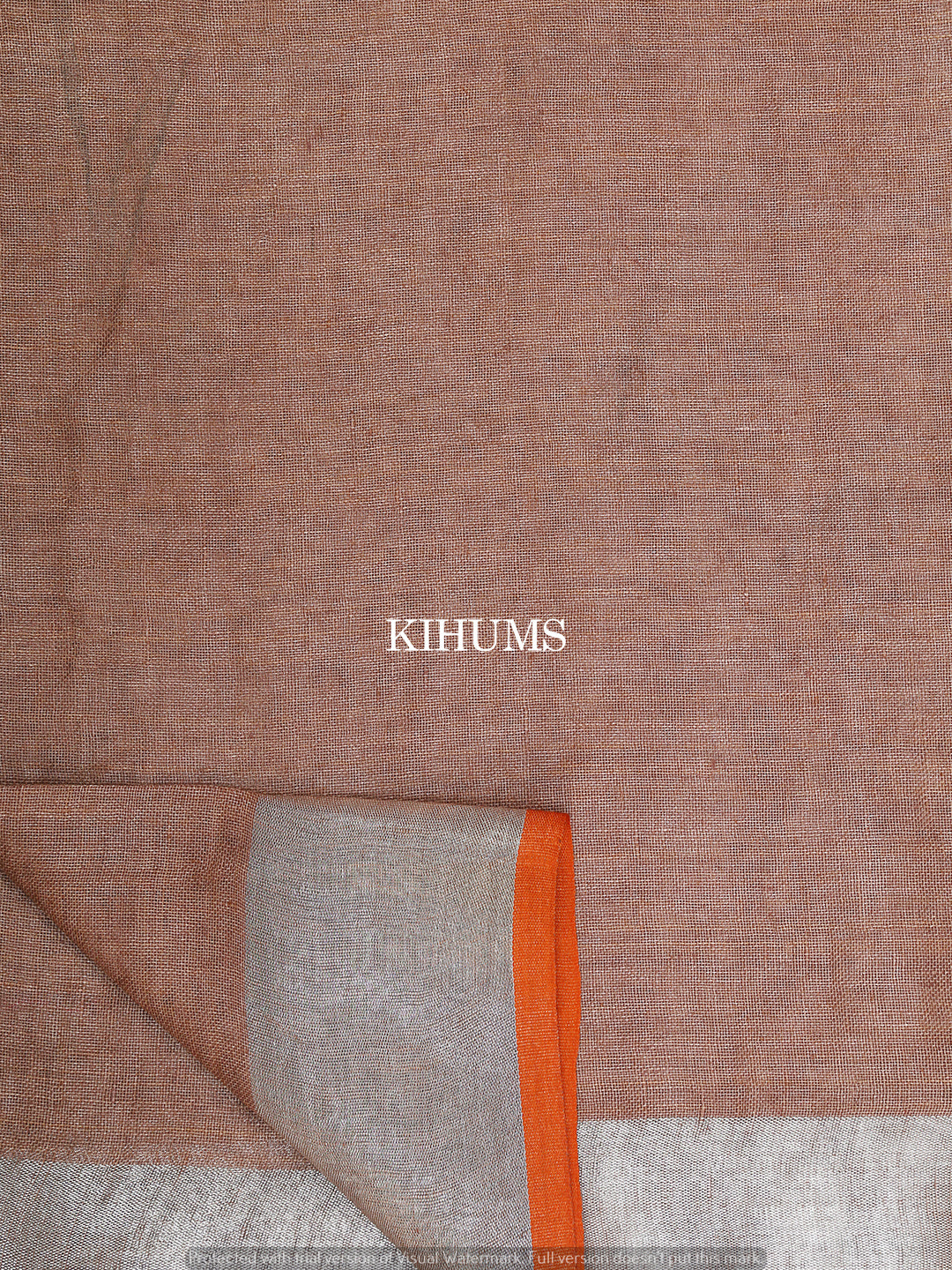Dusty Brown Shade Handmade Pure Linen Saree | Blue Border | KIHUMS Saree