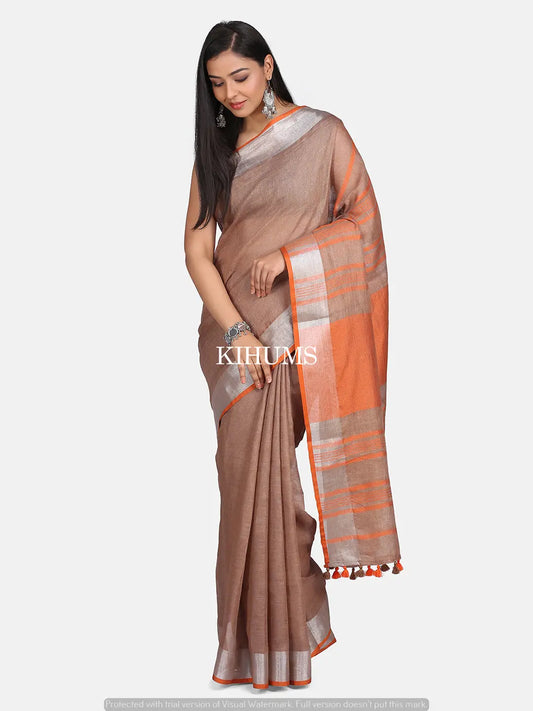 Dusty Brown Shade Handmade Pure Linen Saree | Blue Border | KIHUMS Saree kihums clothing