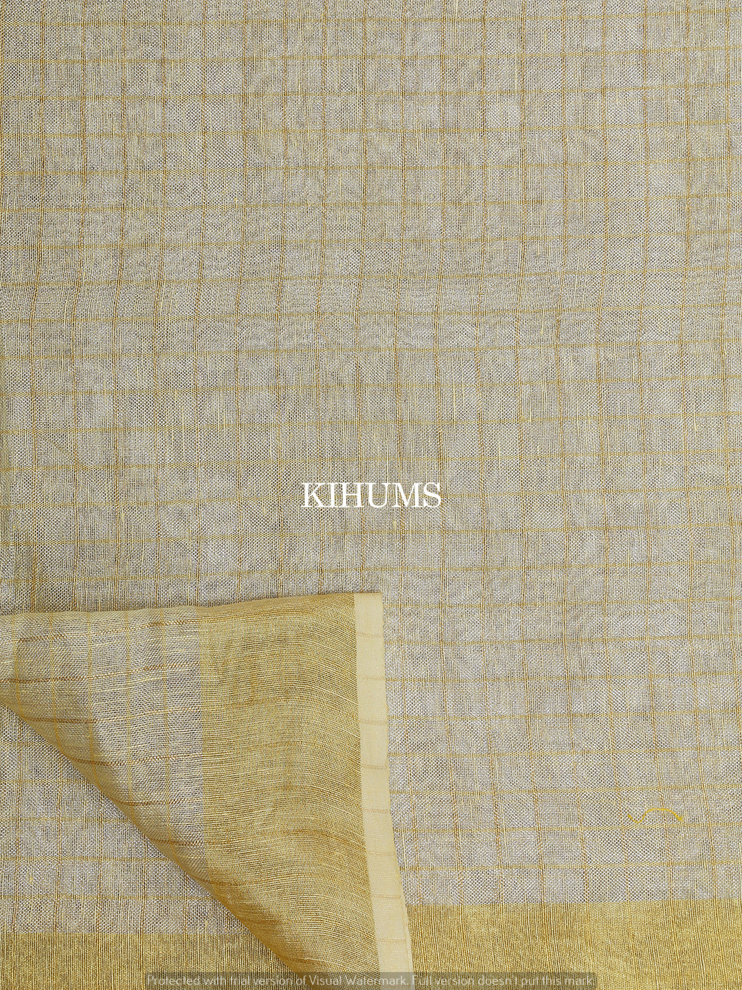 Light Cream woth Gold Zari Checks Handmade Pure Tissue Linen Saree | KIHUMS Saree