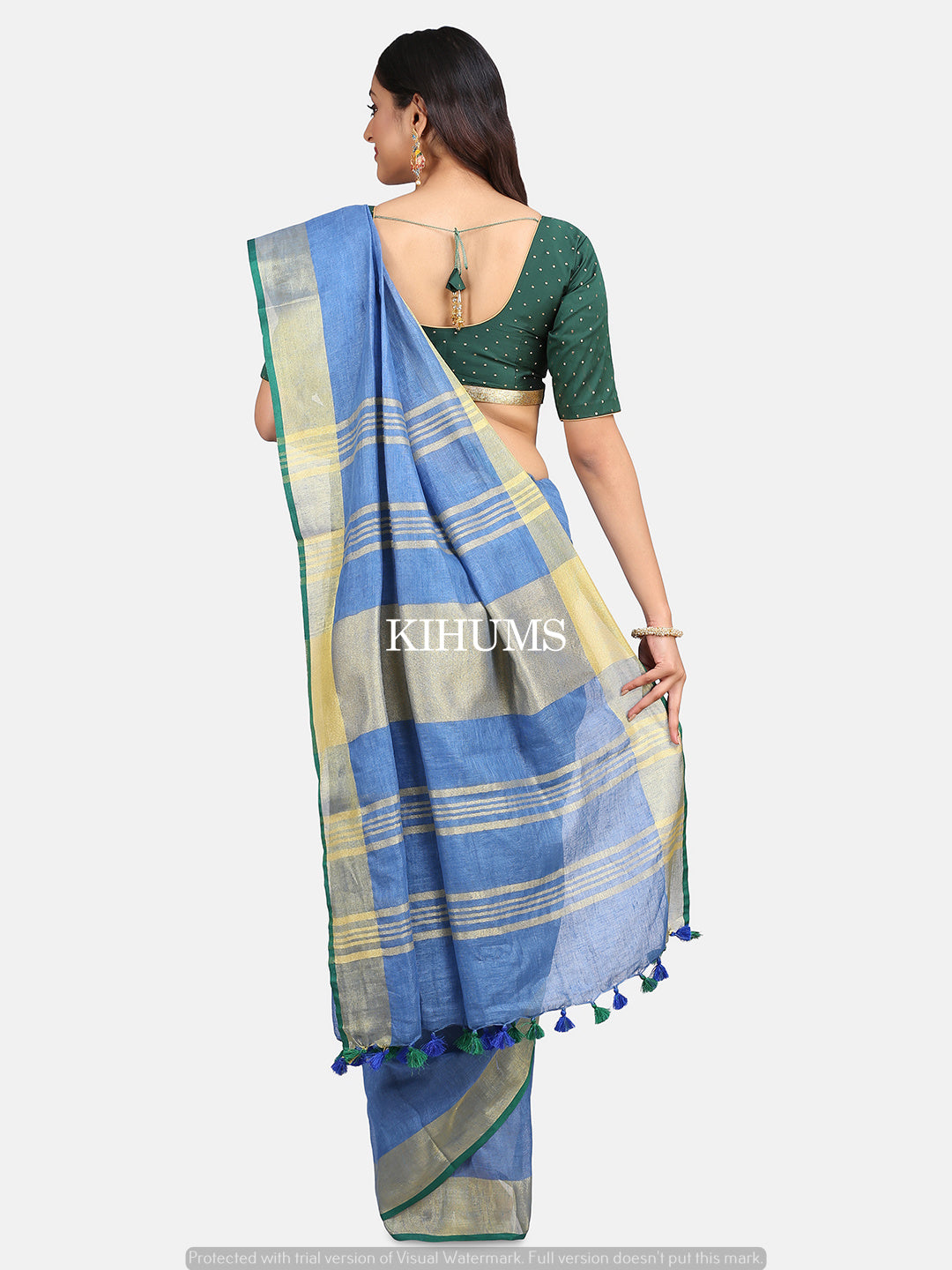 Blue Handwoven Linen Saree | Gold Zari border | KIHUMS Saree