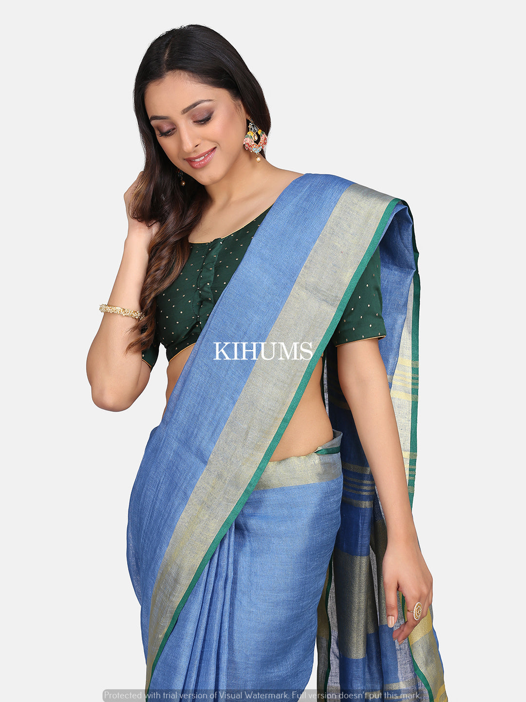 Blue Handwoven Linen Saree | Gold Zari border | KIHUMS Saree