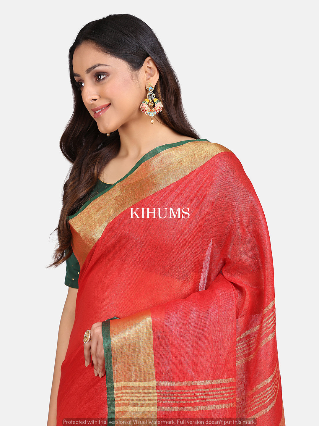 Red Shade Handwoven Linen Saree | Contrast Blouse | KIHUMS Saree