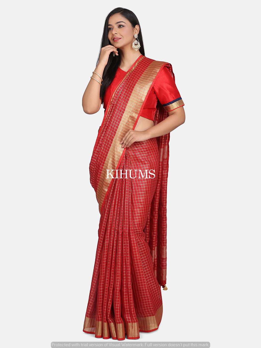 Dark Red Shade Handmade Pure Linen Saree | Gold Zari Checks | KIHUMS Saree