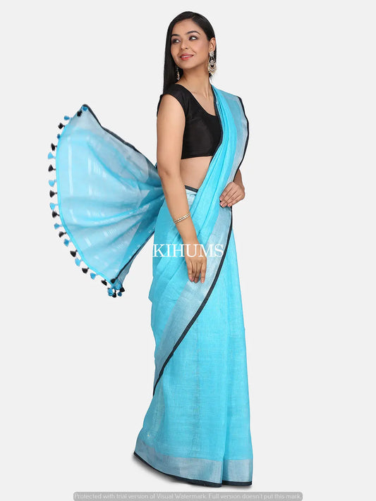 Blue Handwoven Linen Saree | Silver Zari border | KIHUMS Saree kihums clothing