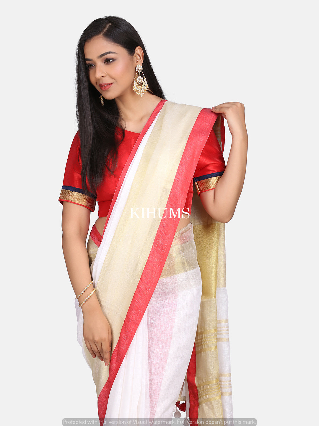 White Handwoven Linen Saree | Gold and Red Zari border | KIHUMS Saree