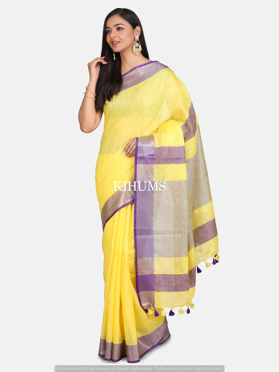 Yellow Handwoven Linen Saree | Silver Zari border | KIHUMS Saree
