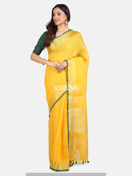 Yellow Handwoven Linen Saree | Gold Zari border | KIHUMS Saree