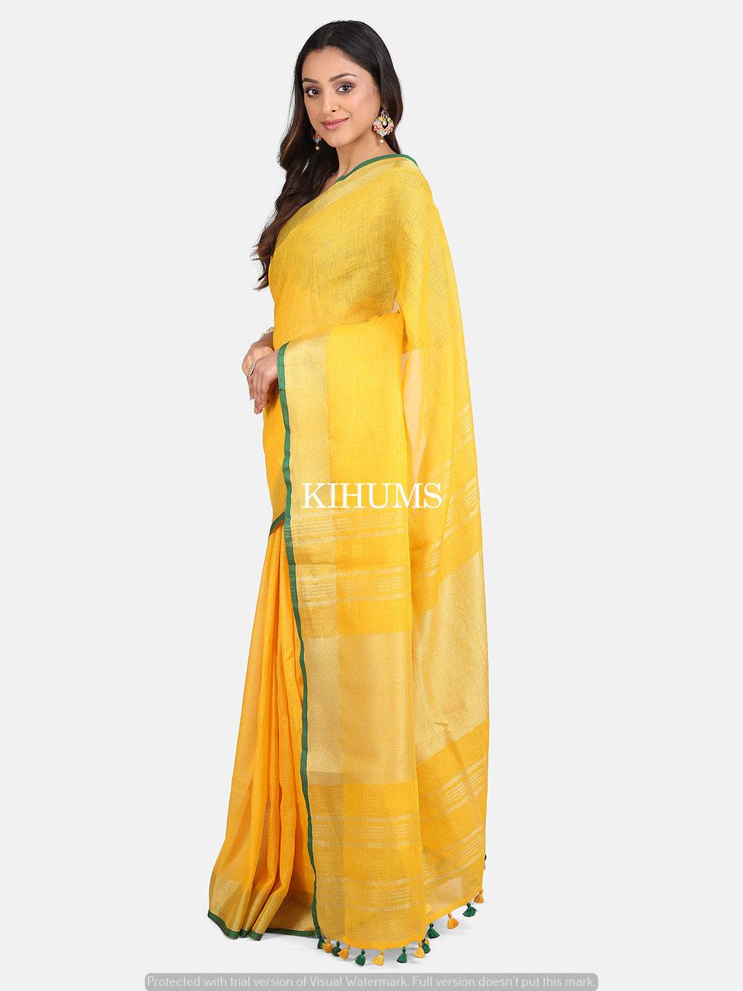 Yellow Handwoven Linen Saree | Gold Zari border | KIHUMS Saree
