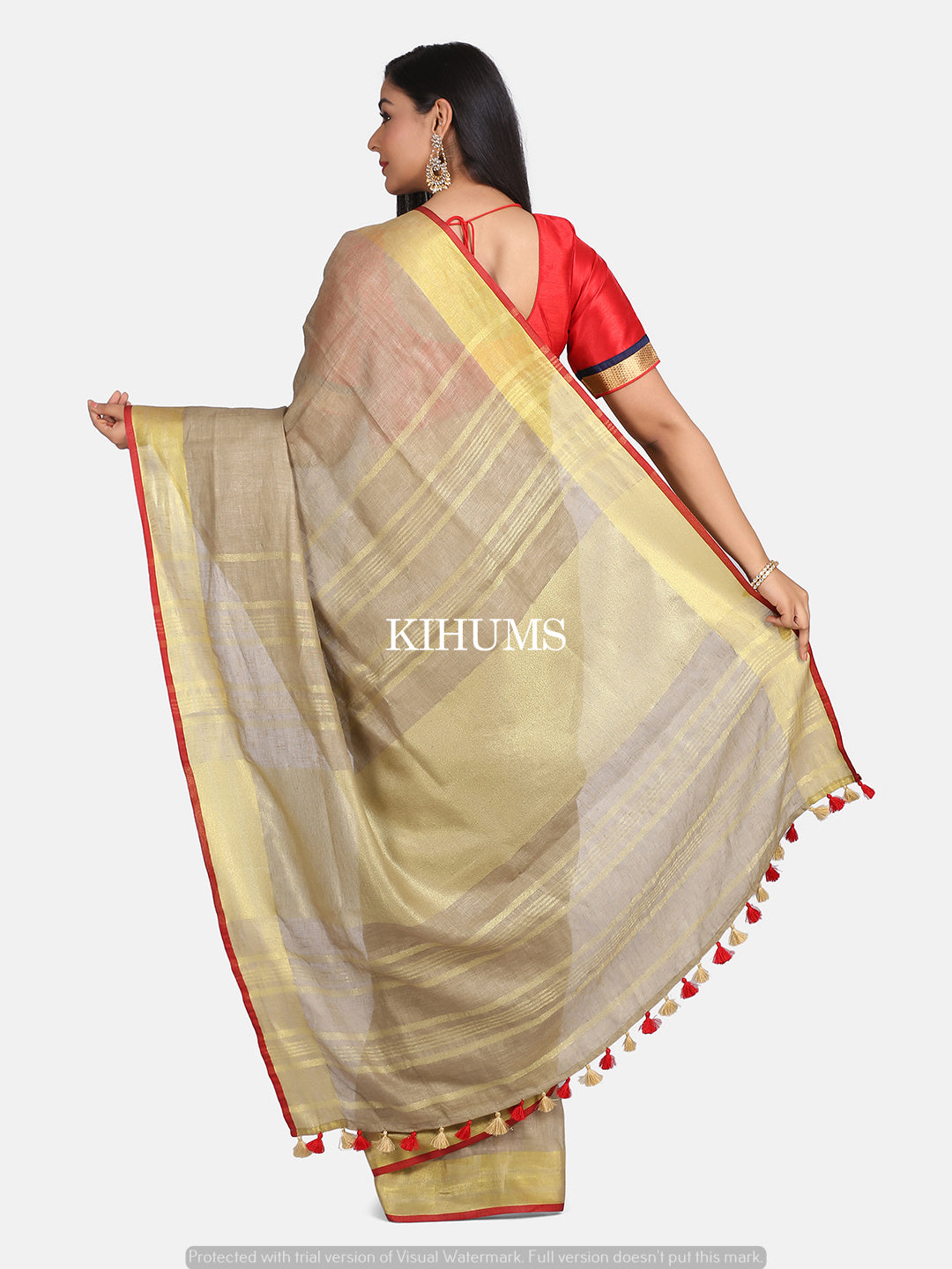 Beige Handwoven Linen Saree | Gold Zari and Red border | KIHUMS Saree