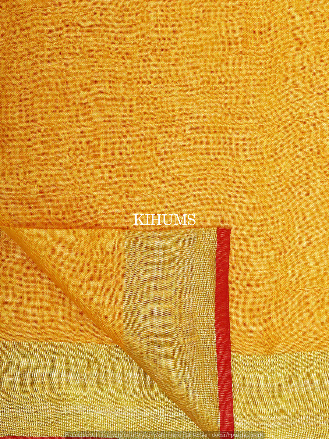 Yellow Handwoven Linen Saree | Gold Zari and Red border | KIHUMS Saree