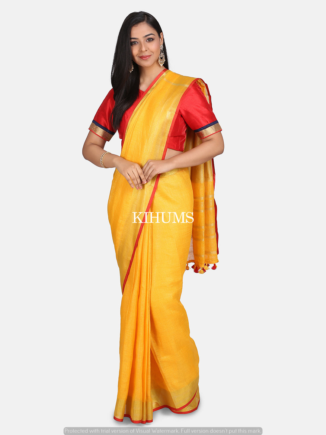 Yellow Handwoven Linen Saree | Gold Zari and Red border | KIHUMS Saree
