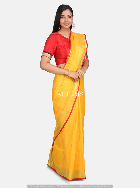 Yellow Handwoven Linen Saree | Gold Zari and Red border | KIHUMS Saree