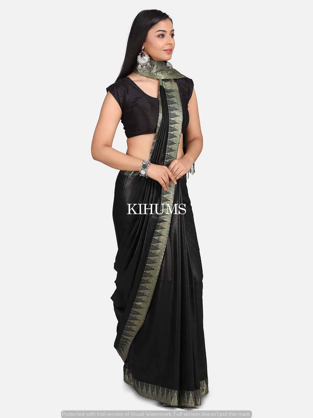 Black Shade Handmade Viscose Silk Saree | Temple Border | KIHUMS Saree