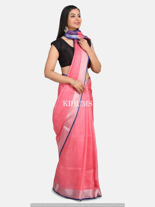 Salmon Pink Handmade Pure Linen Saree | Blue Border | KIHUMS Saree kihums clothing