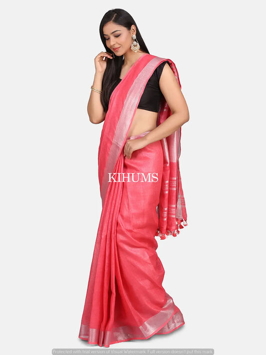 Salmon shade Handmade Pure Linen Saree | Blue Border | KIHUMS Saree kihums clothing