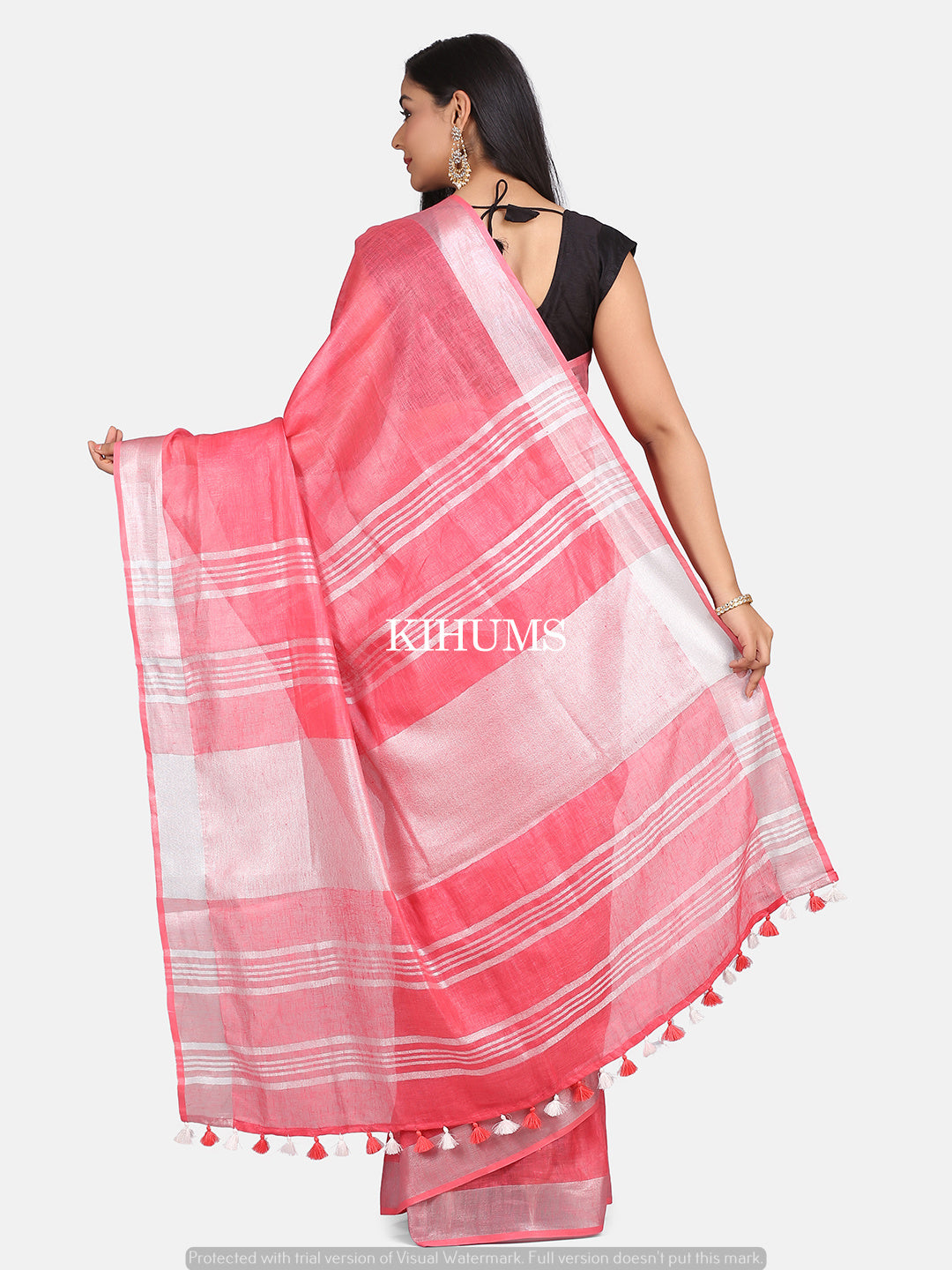 Salmon shade Handmade Pure Linen Saree | Blue Border | KIHUMS Saree