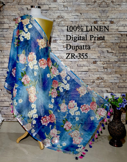 LINEN DUPATTA: Floral Digital Print Linen by Linen Dupatta with Long Tassels | KIHUMS Dupatta