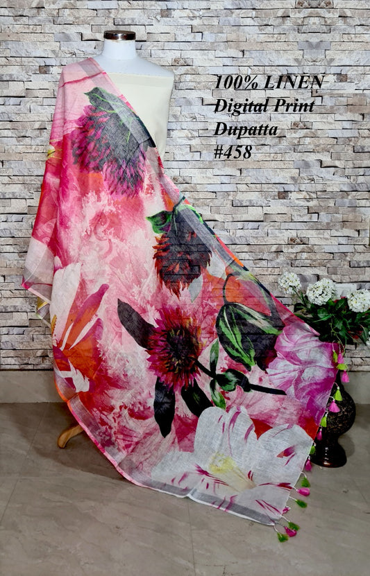 LINEN DUPATTA: Floral Digital Print Linen by Linen Dupatta with Long Tassels | KIHUMS Dupatta