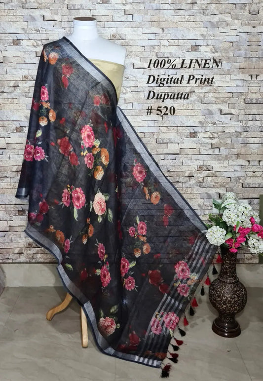 LINEN DUPATTA: Floral Digital Print Linen by Linen Dupatta with Long Tassels | KIHUMS Dupatta