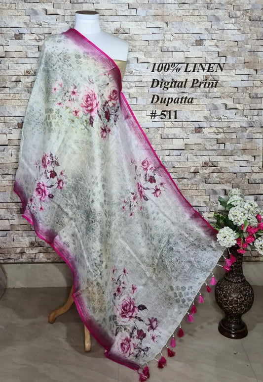 LINEN DUPATTA: Floral Digital Print Linen by Linen Dupatta with Long Tassels | KIHUMS Dupatta