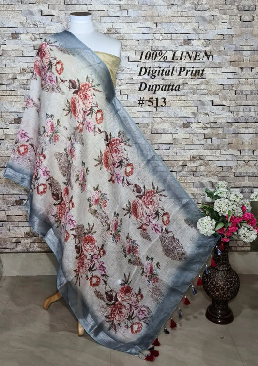 LINEN DUPATTA: Floral Digital Print Linen by Linen Dupatta with Long Tassels | KIHUMS Dupatta