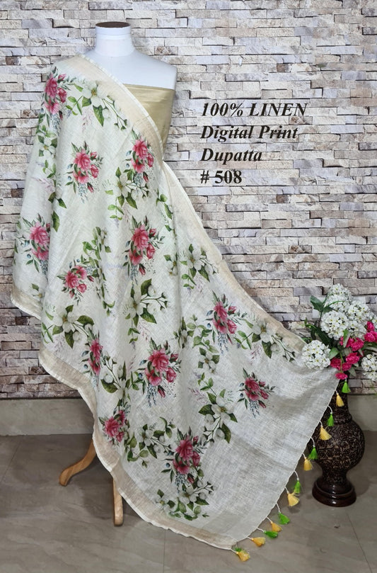 LINEN DUPATTA: Floral Digital Print Linen by Linen Dupatta with Long Tassels | KIHUMS Dupatta