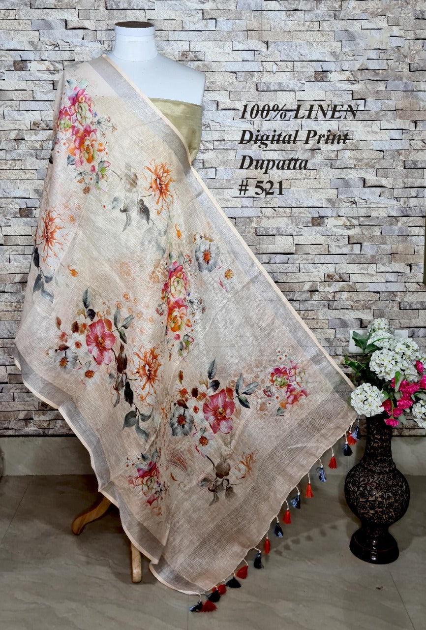 LINEN DUPATTA: Floral Digital Print Linen by Linen Dupatta with Long Tassels | KIHUMS Dupatta