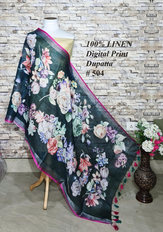 LINEN DUPATTA: Floral Digital Print Linen by Linen Dupatta with Long Tassels | KIHUMS Dupatta