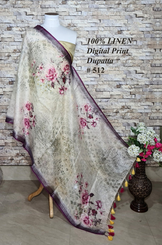 LINEN DUPATTA: Floral Digital Print Linen by Linen Dupatta with Long Tassels | KIHUMS Dupatta