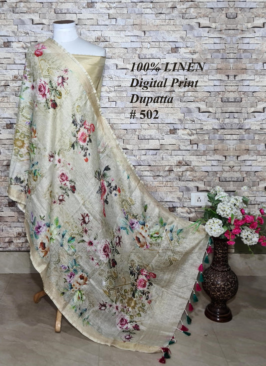 LINEN DUPATTA: Floral Digital Print Linen by Linen Dupatta with Long Tassels | KIHUMS Dupatta